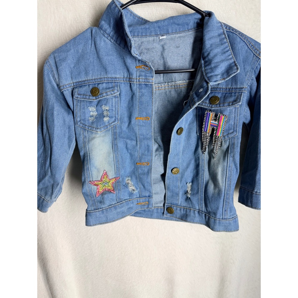 Girls‎ Harper Custom Distressed Denim Jacket Light Wash Patches Size 7/8Y